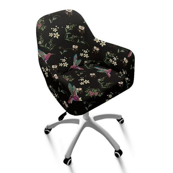 Xoenoiee Hummingbird Flower Print Velvet Curved Back Dining Room Chair Covers with Arms Stretch Swivel Bar Stool Chair Slipcover, Removable Vanity Kitchen Office Desk Armchair Protector Covers