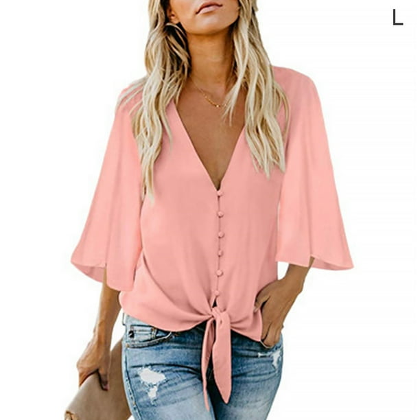 Sonducket Camisa de mujer Color sólido Manga larga Botón Solapa Blusa casual Prendas para la parte del cuerpo Rosa L