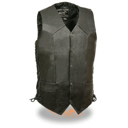 Classic Cowhide Vest - Mens Classic Side Lace Leather Biker Vest - Tall
