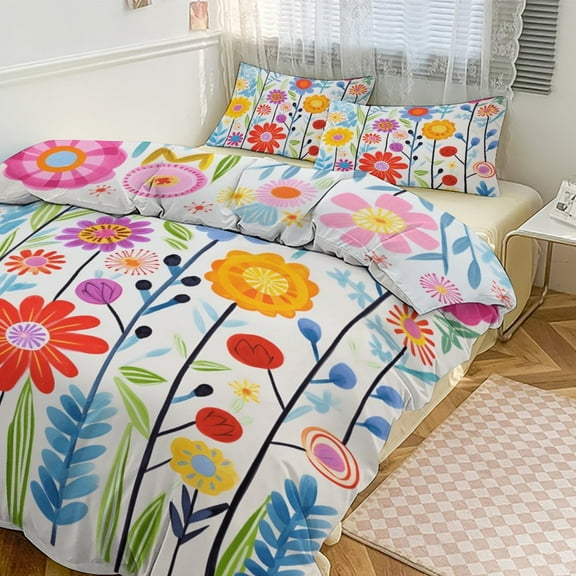 Spring Floral Duvet Cover Set Themed Multicolor Polyester Bedding Set for Bedroom Decoration