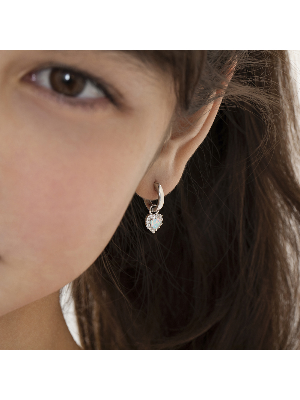 925 Sterling Silver Simulated Opal Heart Dangle Hoop Earrings for Little Girls