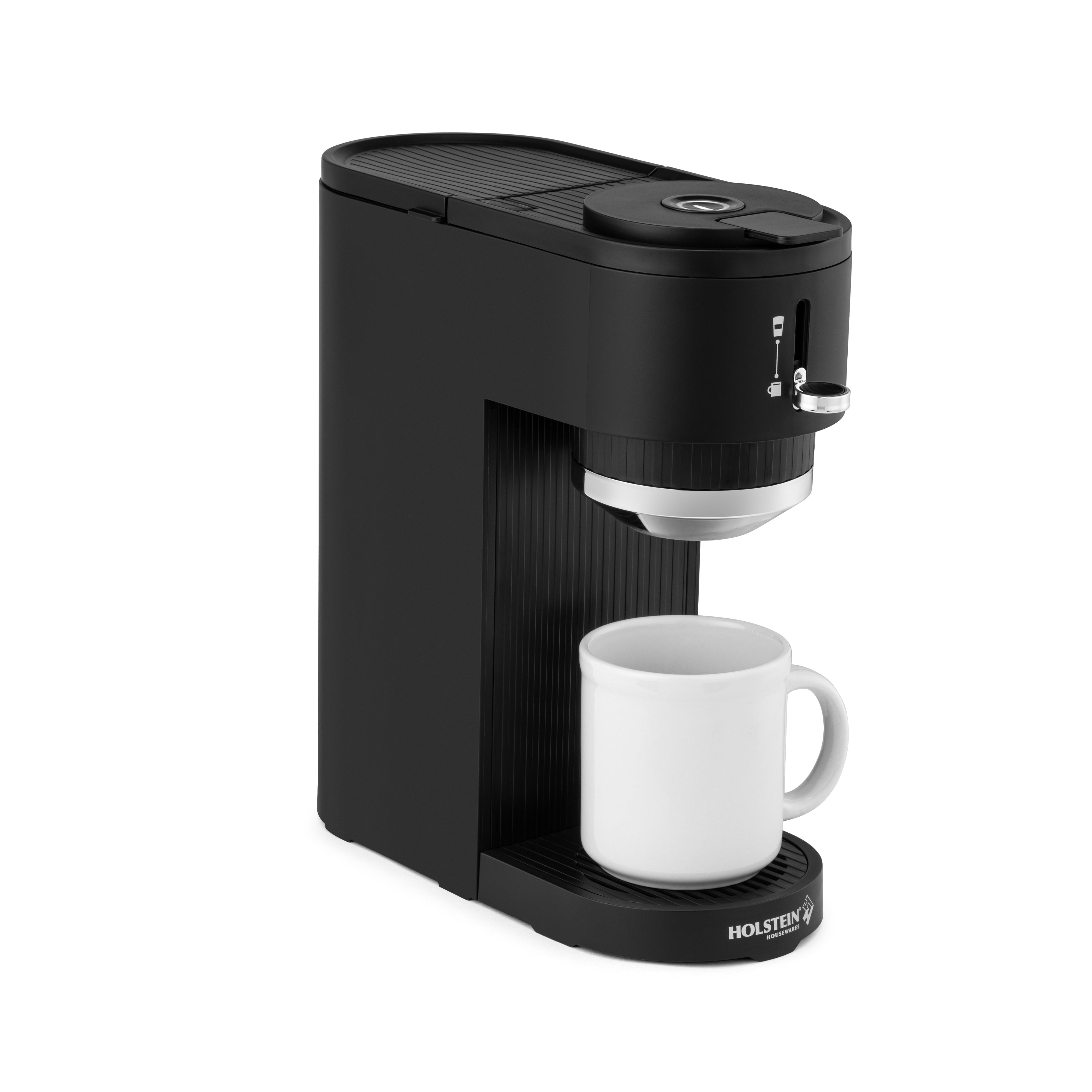 Holstein Housewares 2-In-1 Single Serve Pod and Ground Coffee Maker, Compact Dual Brew Machine with Reusable Mesh Filter, Fits Small Cups and Large Mugs, Space-Saving Design, 14 oz Water Tank