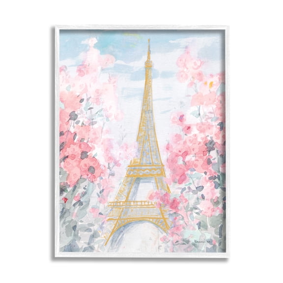 Stupell Industries Eiffel Tower Pink Parisian Spring Florals European Landmark Travel & Places Painting White Framed Art Print Wall Art, 16 x 20