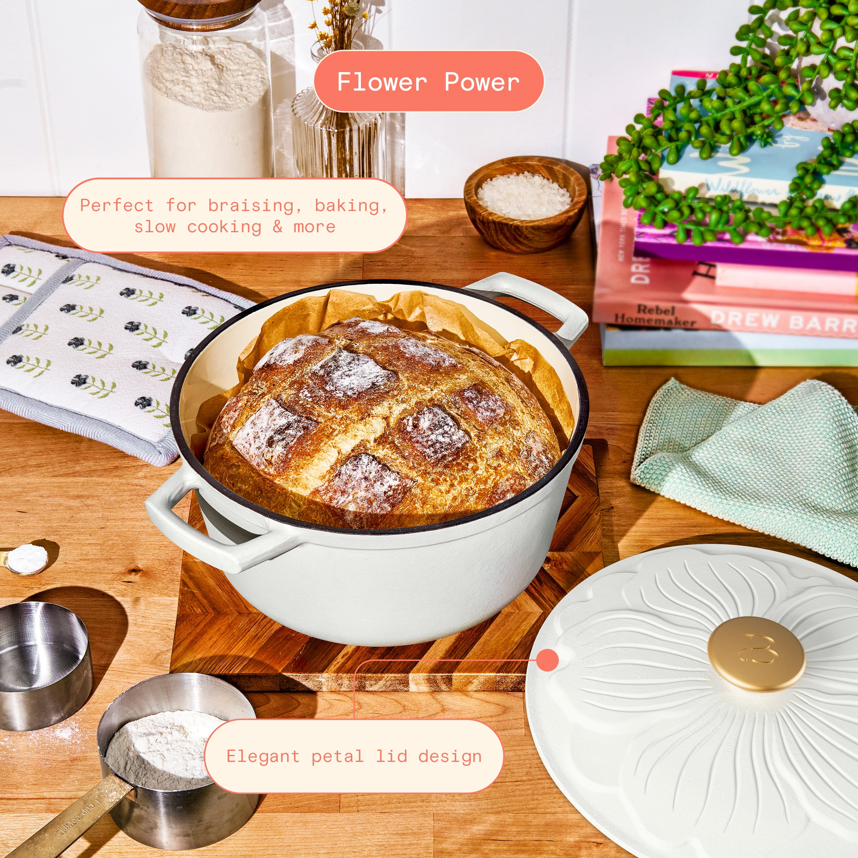Beautiful 4 Quart Enameled Cast Iron Round Dutch Oven with Petal Design Lid, White Icing by Drew Barrymore