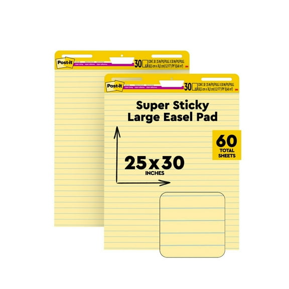 Post-it Super Sticky Easel Pad, Yellow, Lined, 25 in .x 30 in., 2 Pads