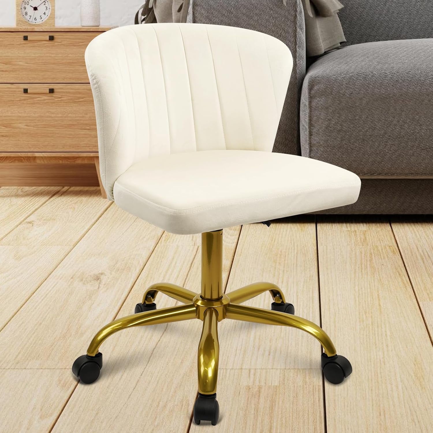 CLATINA Home Office Desk Chair Velvet Vanity Chairs Gold Base, Ergonomic Small Cute Chair Adjustable Height with Wheels Rolling Armless Chair Swivel Task Chair for Study Living Room Bedroom, White