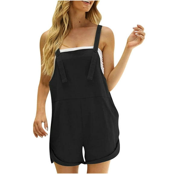 Atinetok Rompers for Women Casual Cotton Linen Pocket Loose Strap Mini Overalls Jumpsuits Summer Dressy Casual Solid Square Neck Sleeveless Short Jumpsuits Black l