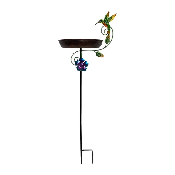 Comedero para pájaros de metal retro con estaca, cuenco decorativo resistente a la intemperie. Colibrí