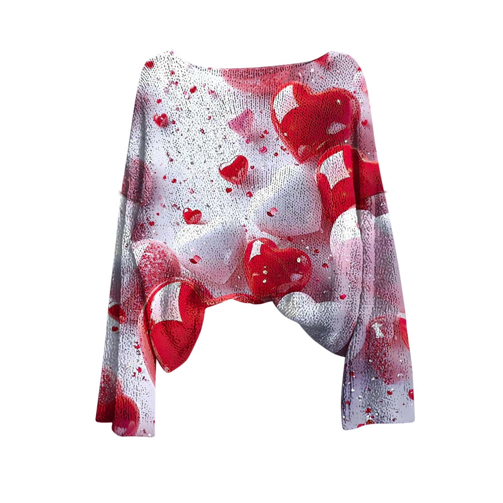 asdoklhq Valentine Day Tops for Women Winter Heart Printed Long Sleeved Round Neck Pullover Fashion Casual Loose Top Red XL
