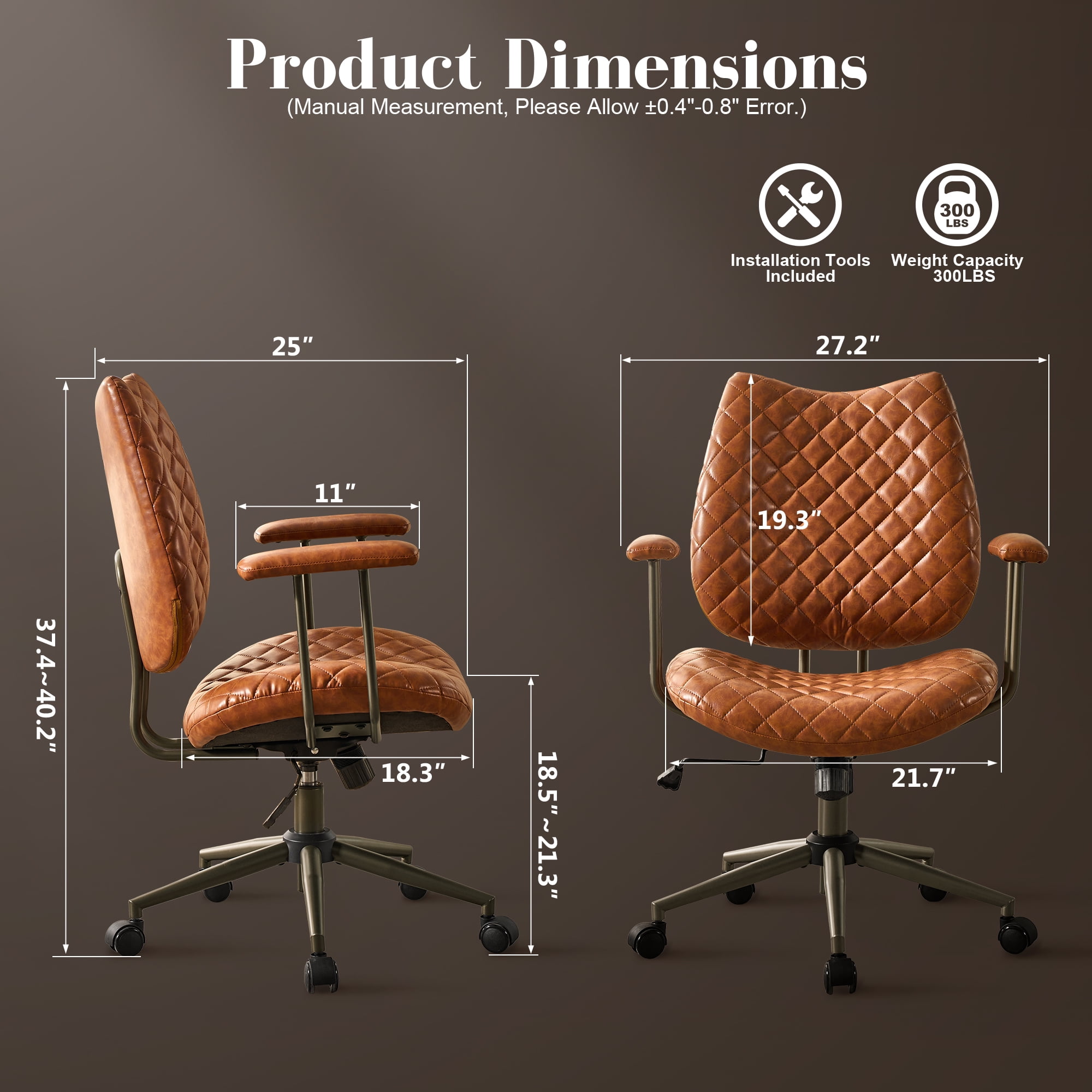 Toject Office Chair, Executive Desk Chair with Lumbar Support, Comfy Office Chair Adjustable Height Rolling Swivel Chair, Computer Chair Task Chair for Office Area, PU Leather, Brown