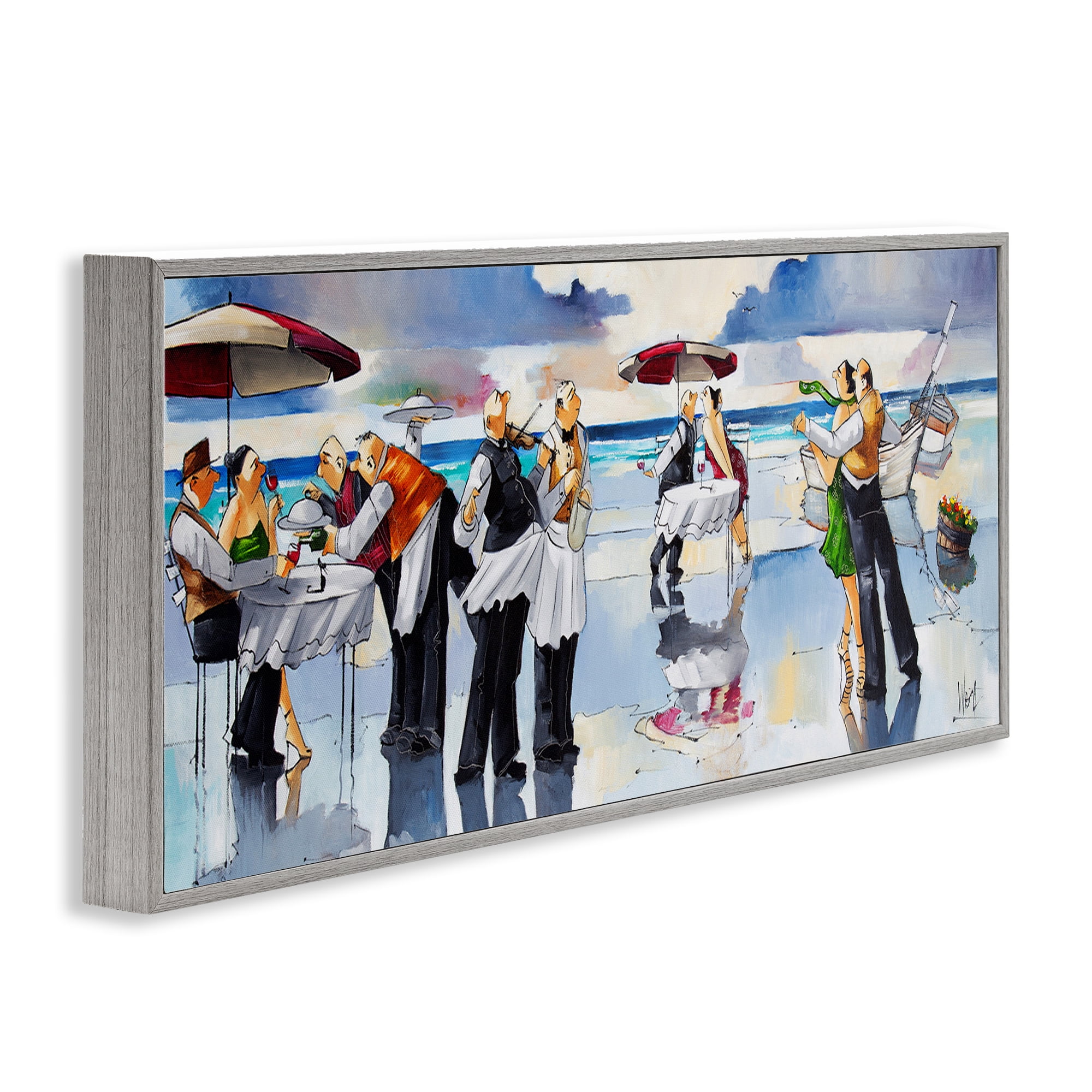Stupell Industries Fancy Dinner on Beach Novelty Painting Gray Framed Art Print Wall Art, 30 x 13