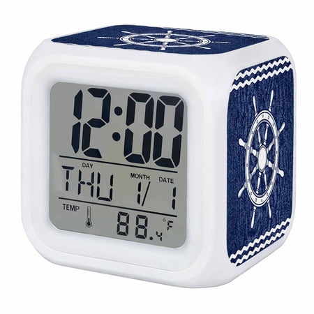 Alarm Clocks Nautical Captain's Wheel Digital Clock 7 Color LED Night Light Silent Non-Ticking Battery Operated Helm Navy Blue Stripes Cube Clocks for Bedroom Bedside Living Room Office School Decor