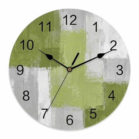 Wall Clock Sage Green Painting Clocks PVC Silent Non-Ticking Battery Operated Decorative Grey Abstract Graffiti Art Round Clock for Home Living Room Kitchen Bedroom Office School Wall Decor 10 Inch