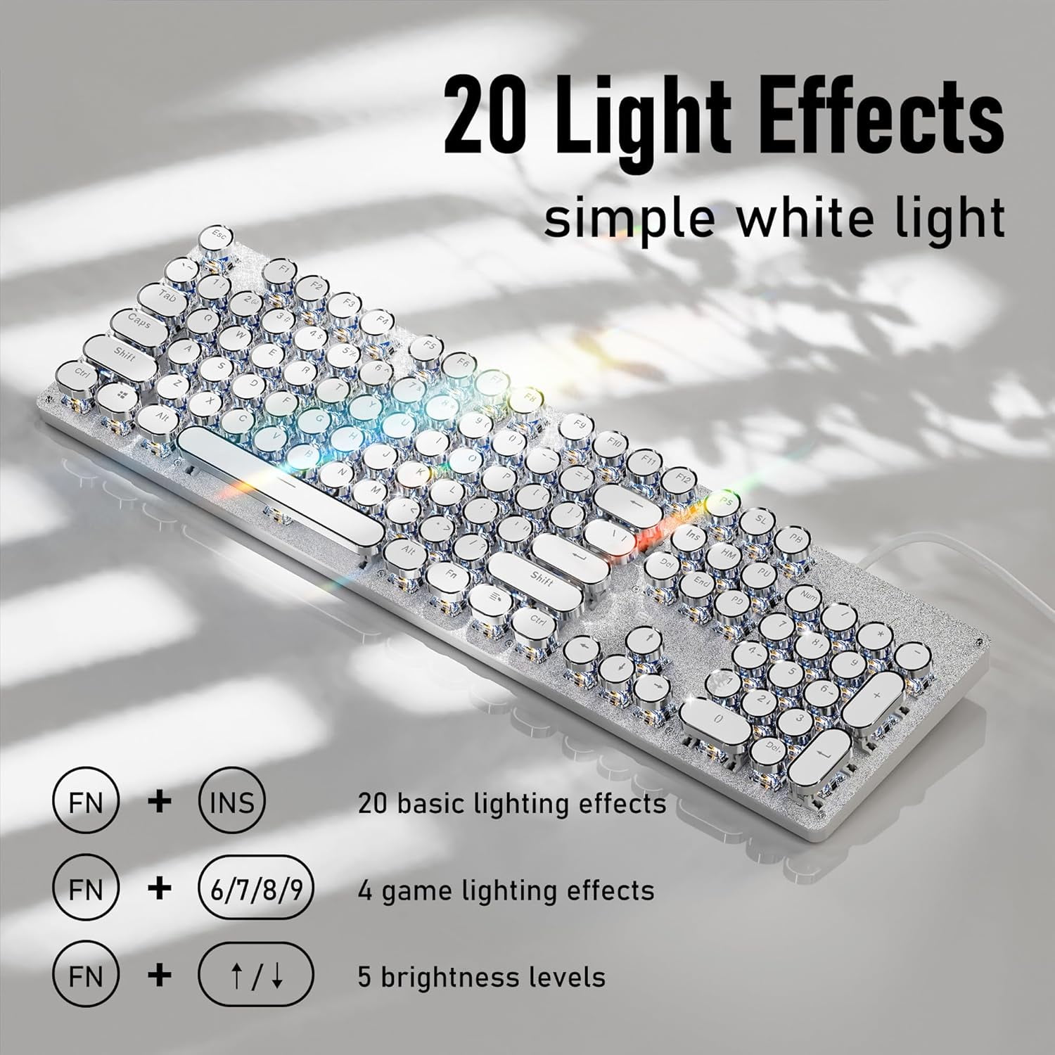 Typewriter Style Wired Mechanical Keyboard, 104 Keys Aesthetic Typewriter Keyboard with White Backlit, Anti-Ghosting, Blue Switch Wired Cute Keyboards