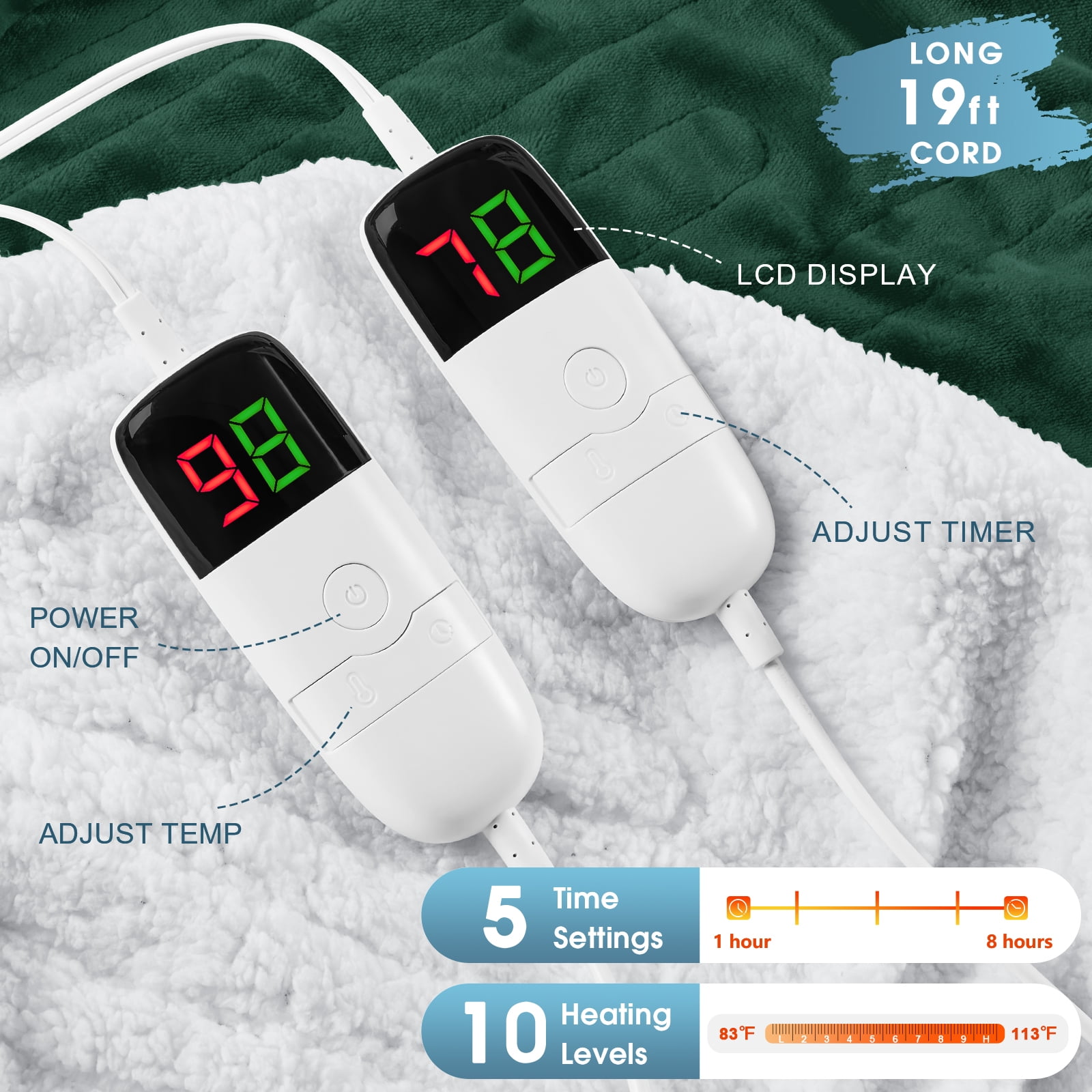 PMONPA Electric Heated Blanket, Flannel & Sherpa Heating Blanket for Adult, Fast-Heating with 10 Heat Levels 5 Time Settings (101"x91", Dark Green)