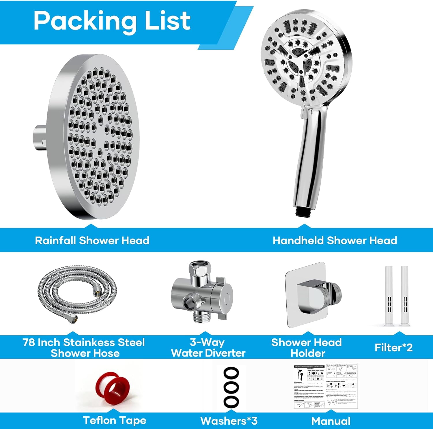 Shower Head with Handheld Spray Combo,High Pressure Dual Double Rain Shower Head with Handheld 10-Mode 78" Hose Chrome