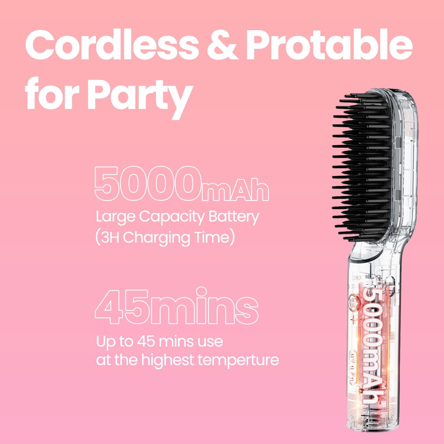 KIPOZI Hair Straightener Brush, Cordless Hair Straightener Brush Portable Hot Comb Straightener, USB Rechargeable & 3 Temp Settings & Anti-Scald, Pink