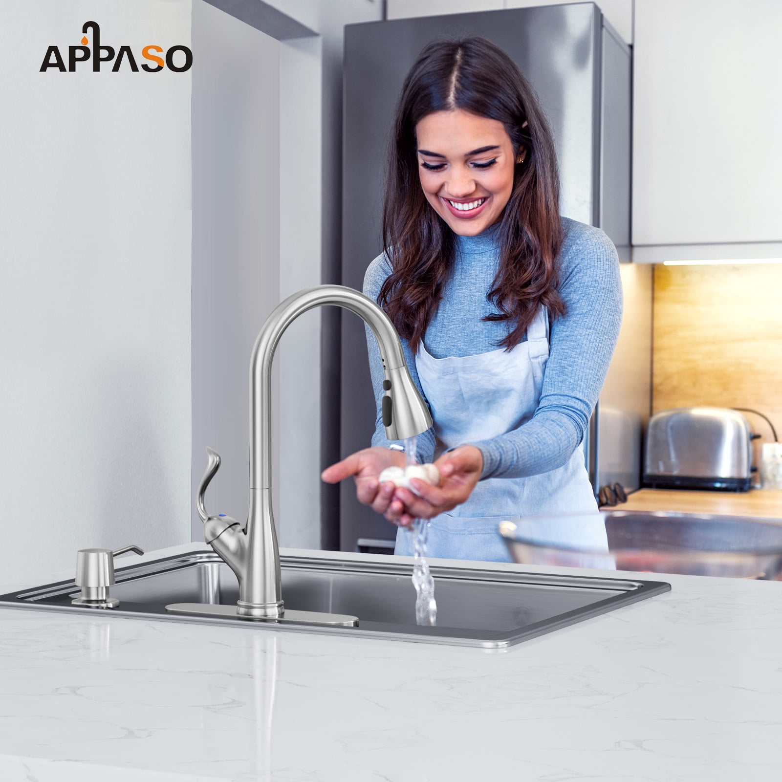Appaso Patented Kitchen Faucet with Pull Down Sprayer Stainless Steel Brushed Nickel 149BN