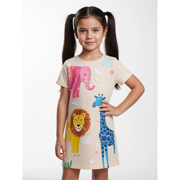 Kids Casual Short Sleeve Dress Relaxed-Fit Crew Neck Summer Dress for Girls Girls Age 5-13 Daily Style