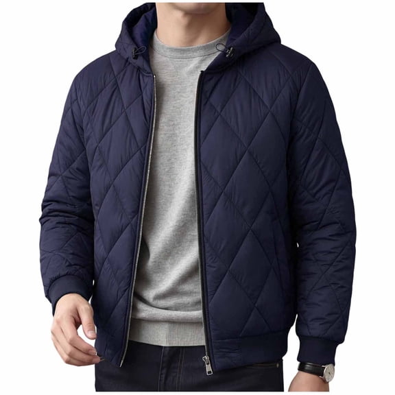 YLSDY Mens Diamond Quilted Hooded Bomber Jacket Full Zip Warm Light Padded Coat for Mild Winter Daily Outdoor Casual Looks Navy XL