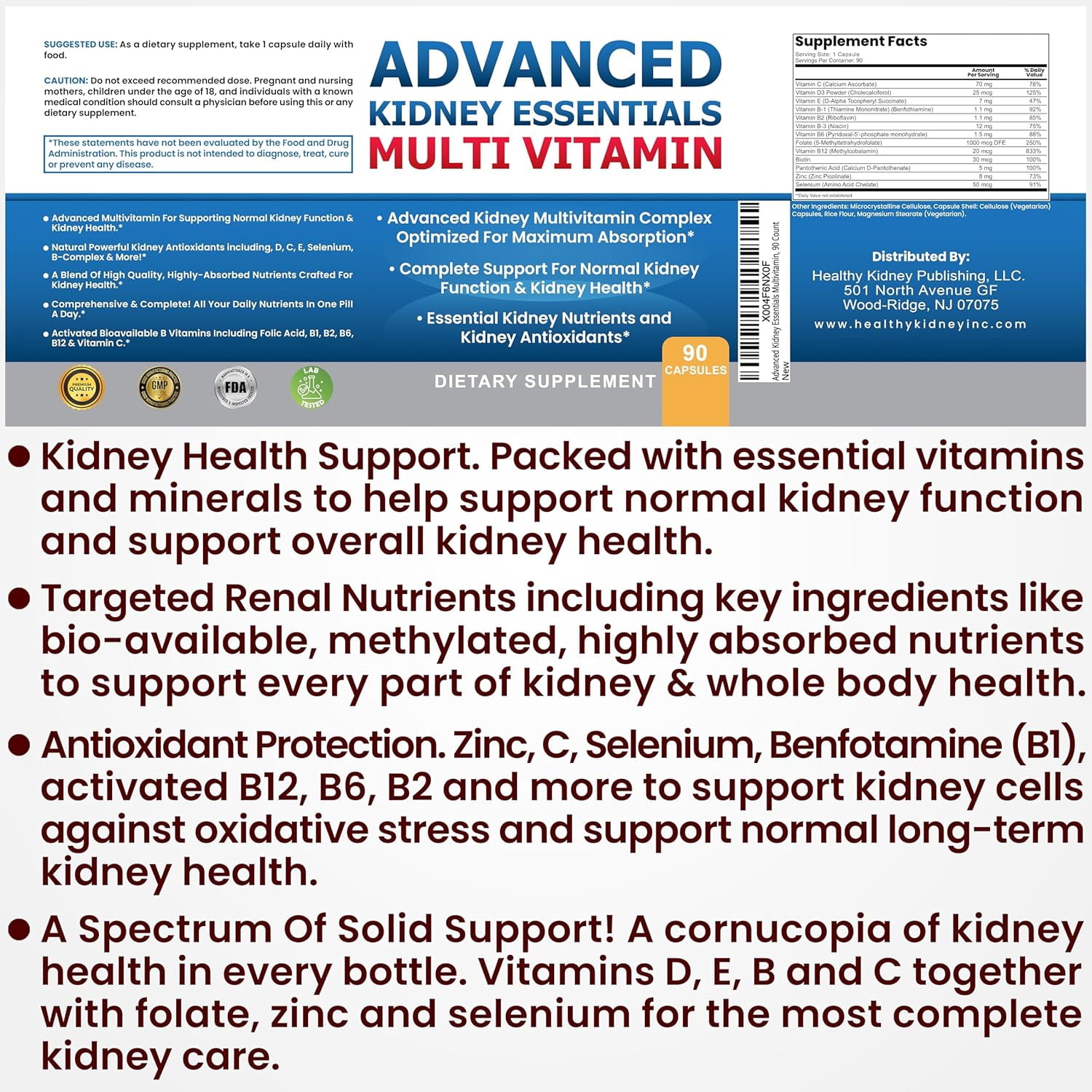 Advanced Kidney Essentials Multivitamin – Kidney Health Supplement, 90 Caps