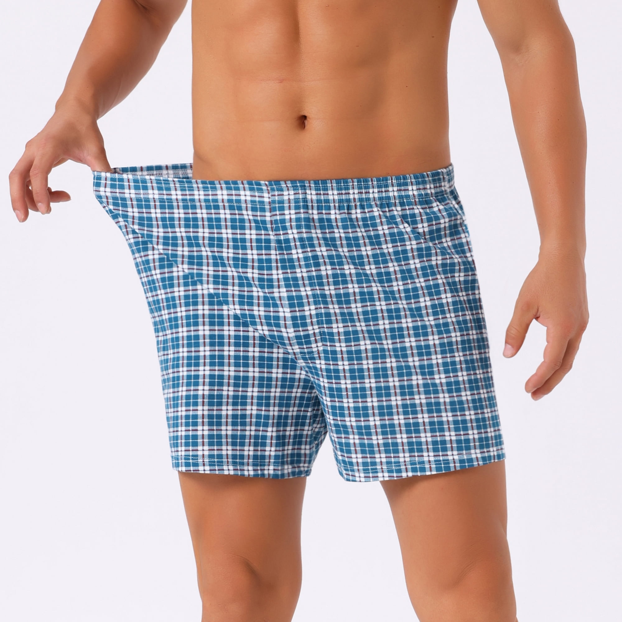 DARING DIVA Men's Classic Elastic Waistband Plaid Pattern Boxer Shorts 34 Blue White