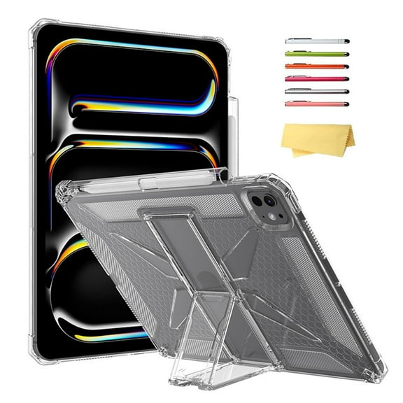 ELEHOLD Protective Case For Apple iPad Pro 13-inch (M5) 2025/(M4) 2024 ,Shockproof Slim Soft TPU Pencil Holder Foldable Kickstand Anit-Resistant Cover,Clear