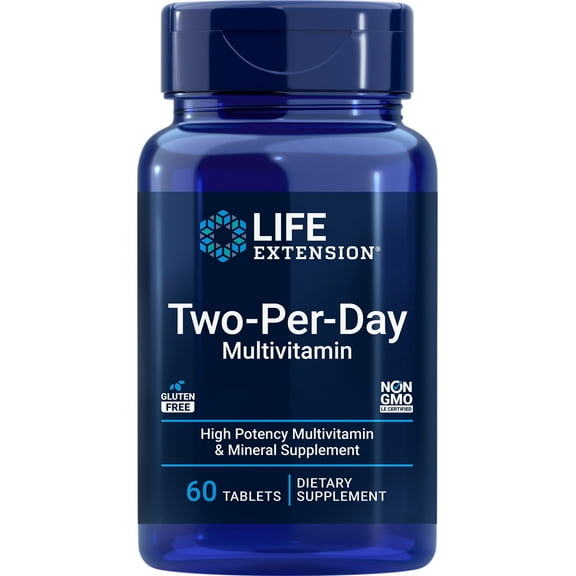 Life Extension Two-Per-Day Multivitamin, broad spectrum of essential nutrients, packed with over 25 vitamins, minerals & extracts, gluten-free, non-GMO, 60 tablets