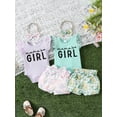 thumbnail image 3 of Aojekbee Baby Girl Summer Clothes Letter Print Ribbed Romper and Floral/Fruit Print Shorts Headband Set 3 Piece Outfits, 3 of 10