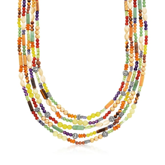 Ross-Simons Multi-Gemstone Multi-Strand Bead Necklace in Sterling Silver, Women's, Adult