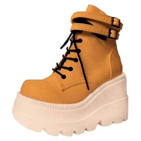 

PEONAVET Fashion Block Heel Platform Combat Ankle Booties Women s Lace up Studded Motorcycle Boots Mid Calf Boots - Summer Savings Clearance
