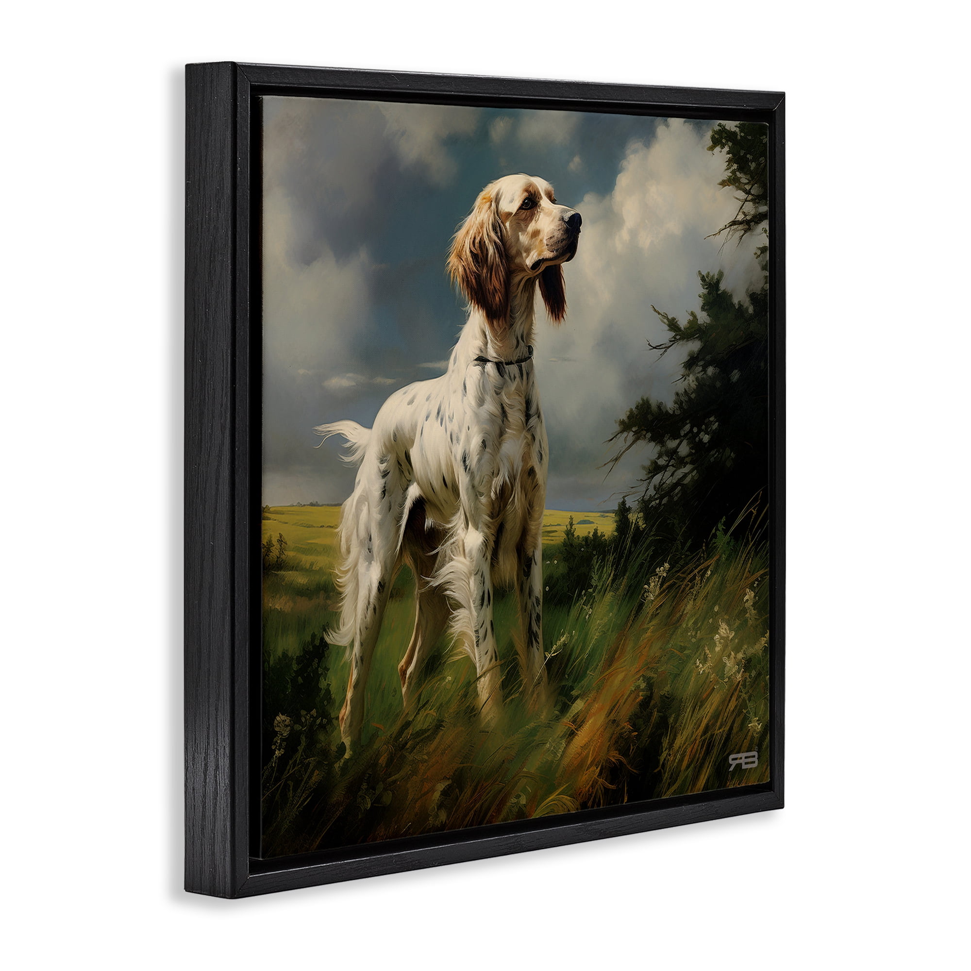 Stupell Industries Windswept Country Dog Landscape Painting Black Floater Framed Canvas Art Print Wall Art, 18 x 18