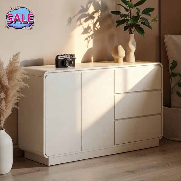 Hassch Storage Cabinet, Buffet Sideboard with 2 Doors and 3 Drawers, Accent Storage Cabinet, Modern Console Table, Coffee Bar Cabinet for Living Room, Entryway, White