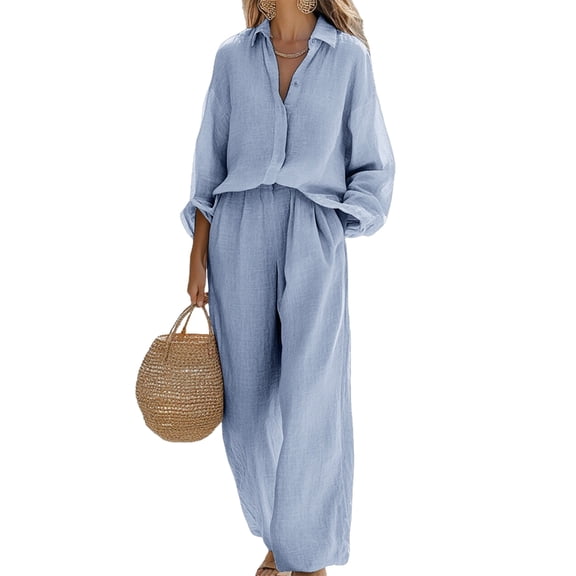 Yokua Women's long sleeved shirt two-piece loose cotton and linen button up cardigan pants set