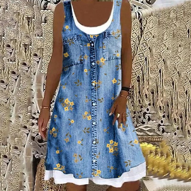 WILLBEST Vestidos de Mujer Vestidos para Mujer Playa Primavera Rayas Estampado Lindo Vestido sin Mangas Casual Cuello Redondo Vestido de Tirantes Suelto Grande