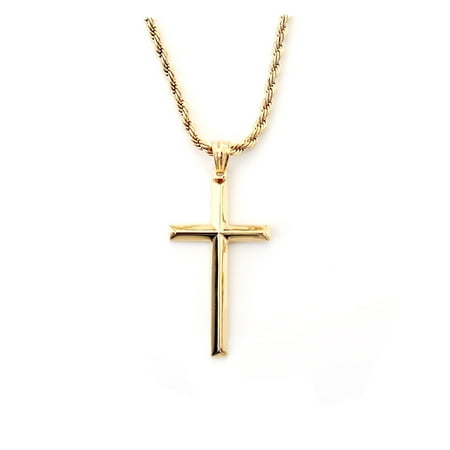 18K Beveled Edge Gold Cross Pendant Necklace for Men, Gold plated Necklace for Women. 3MM Rope Chain Fashion Jewelry Pendant