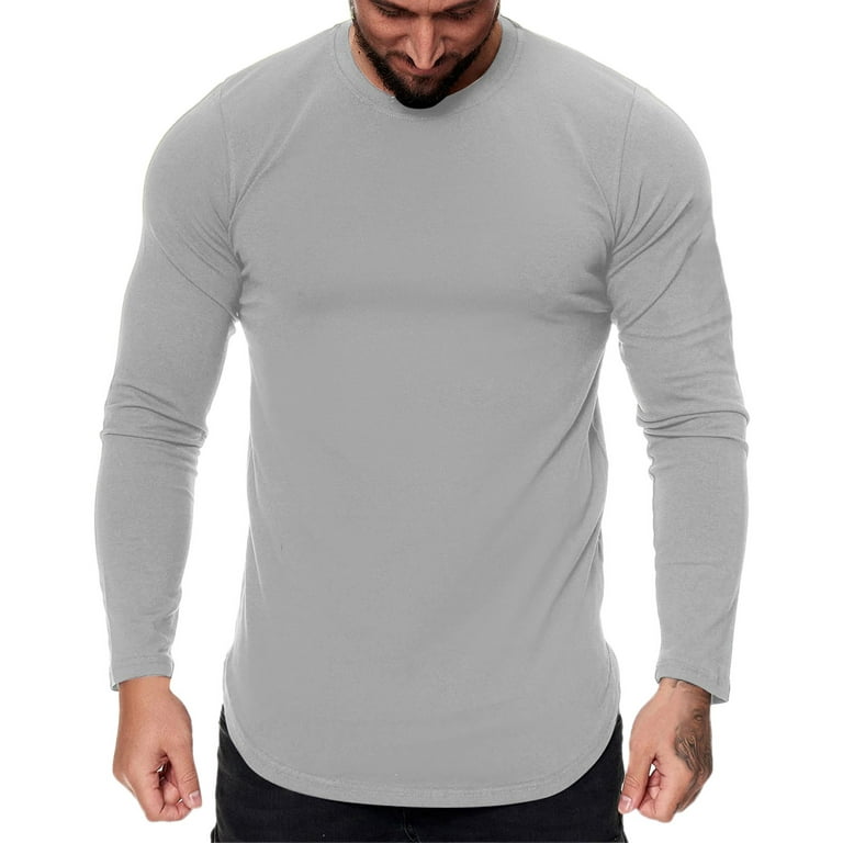 Grey Golf Shirts For Men Mens Fashion Casual Sports Fitness Outdoor Curved  Hem Solid Color Round Neck T Shirt Long Sleeve Top 