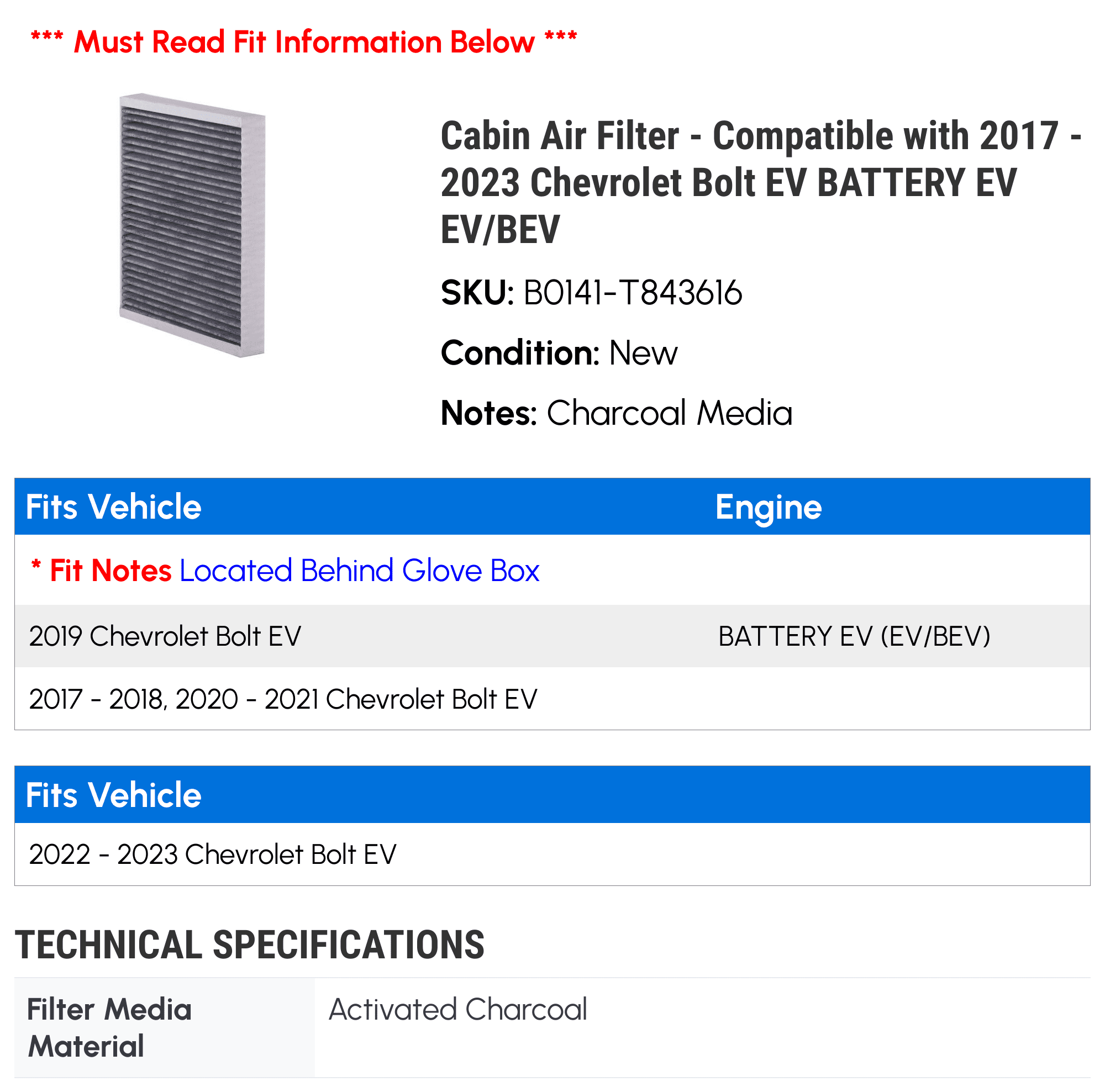 Cabin Air Filter - Compatible with 2017 - 2023 Chevy Bolt EV BATTERY EV EV/BEV 2018 2019 2020 2021 2022