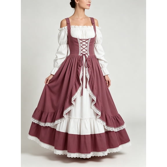 Pink Off Shoulder Maxi Dress Women Renaissance Lace Corset Medieval Puff Sleeve Cottagecore Costume Gown,Size XL