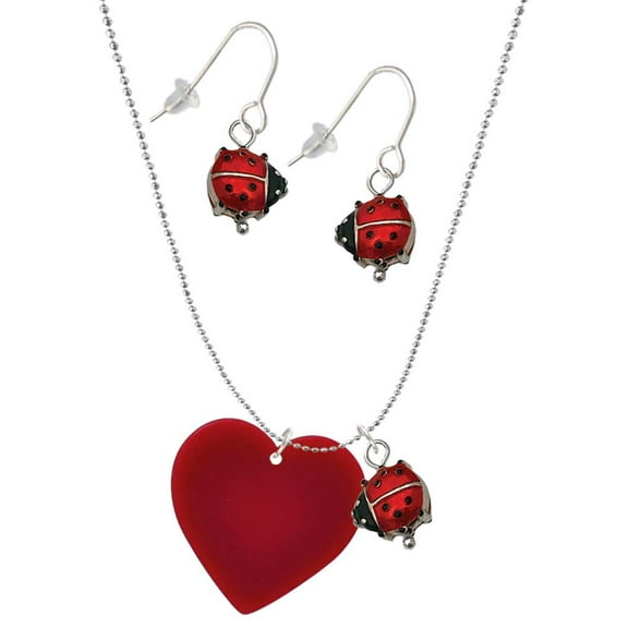 Delight Jewelry Acrylic 1" Maroon Heart Red Lucky Ladybug Necklace and Dangle Earrings Set