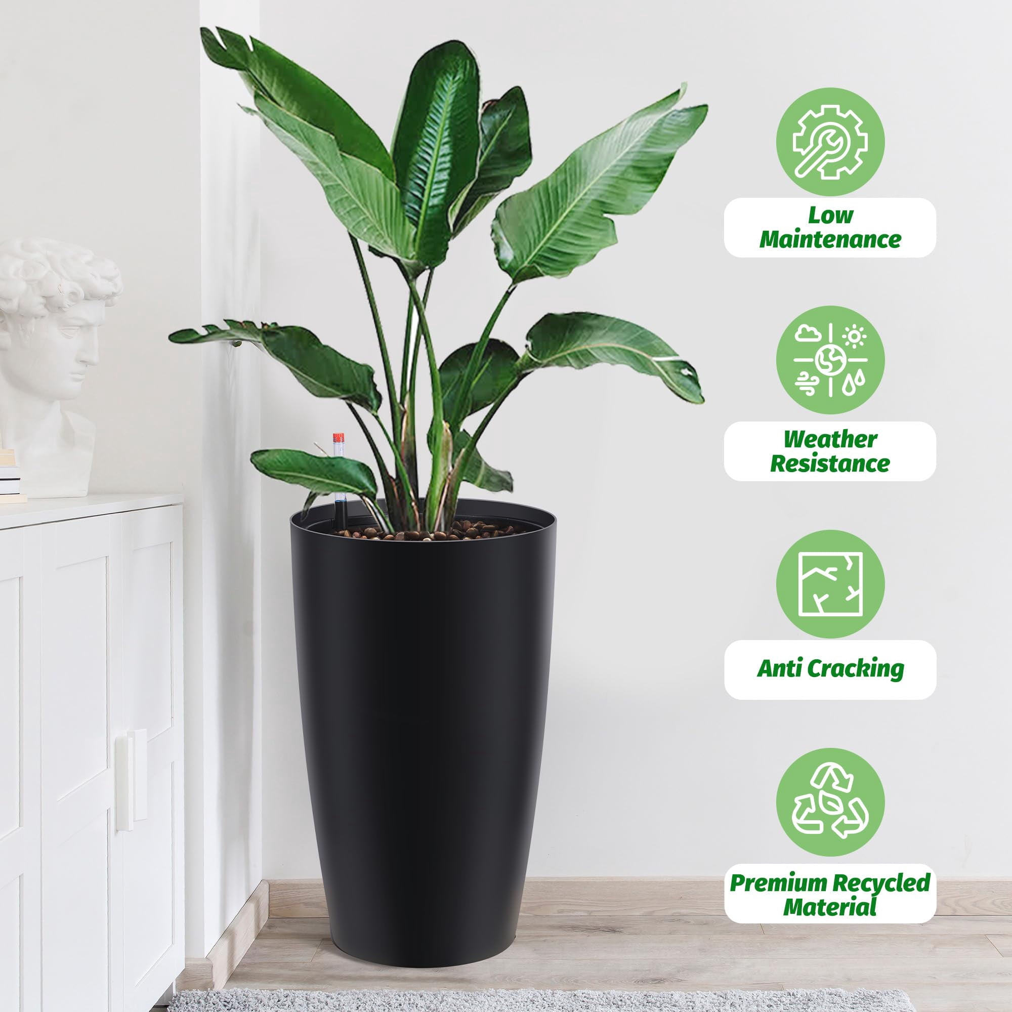 Garvee 2-Pack 22 in Tall Planters for Outdoor Plants with Water Level Monitor ＆ Inner Bucket, Black