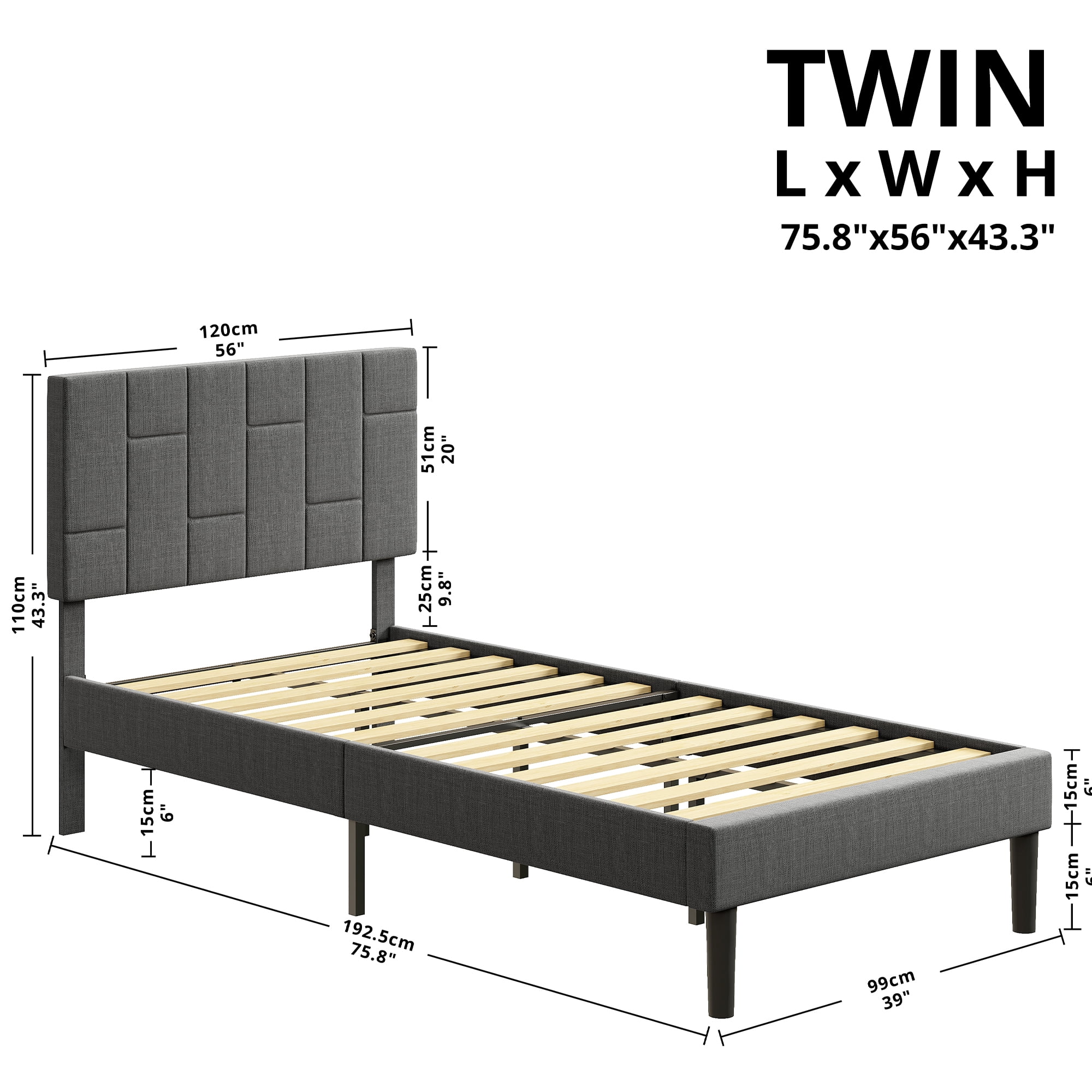 LIKIMIO Twin Size Bed Frame For Adults, Upholstered Headboard, No Box ...