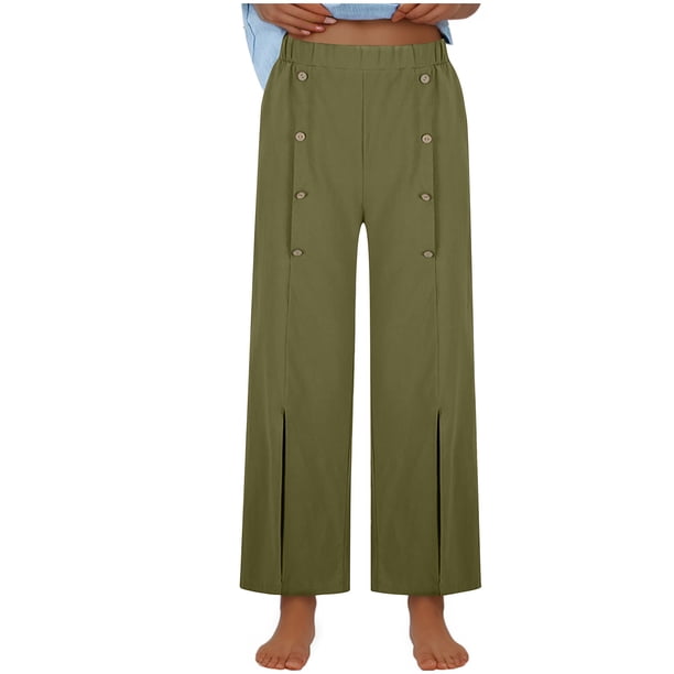 Puntoco Pantalón De Mujer De Pernera Ancha De Puro Algodón Con Botones, Color Liso, Verde Militar Xxl