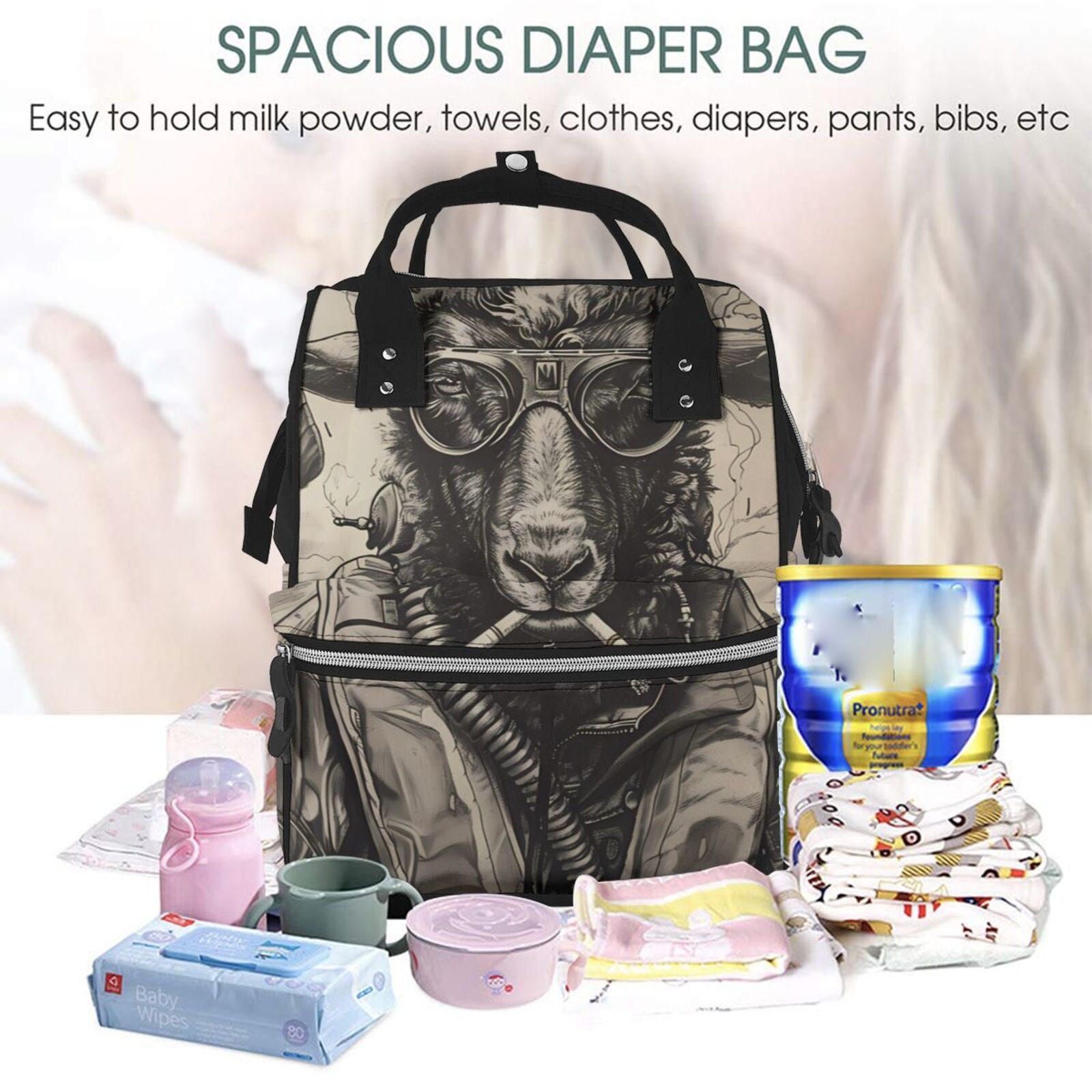 Fuzoiu Vintage Ram Pilot Print Diaper Bag Backpack,Baby Essentials Travel Tote,Multi function Waterproof Diaper Bag, Travel Essentials Baby Bag - Unisex