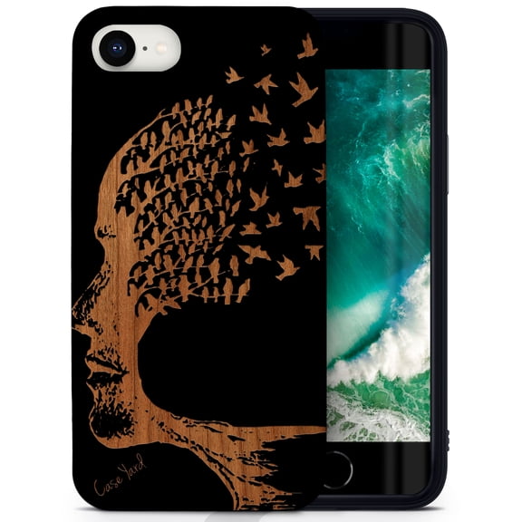 Case Yard Wooden Case for iPhone-SE Soft TPU Silicone cover Slim Fit Shockproof Wood Protective Phone Cover for Girls Boys Men and Women Supports Wireless Charging Head with Flying Birds Design