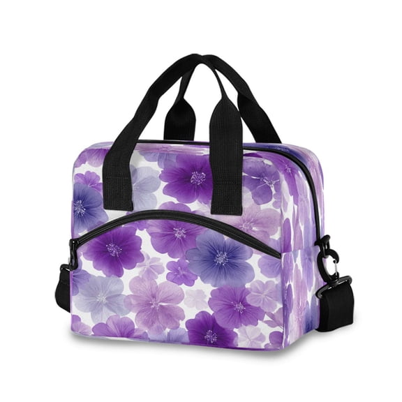 Lunch Bag Portable Crossbody Meal Bag Cooler Bag Insulated Lunch Bag Food Bag Handheld & Crossbody Design Purple Flowers Pattern