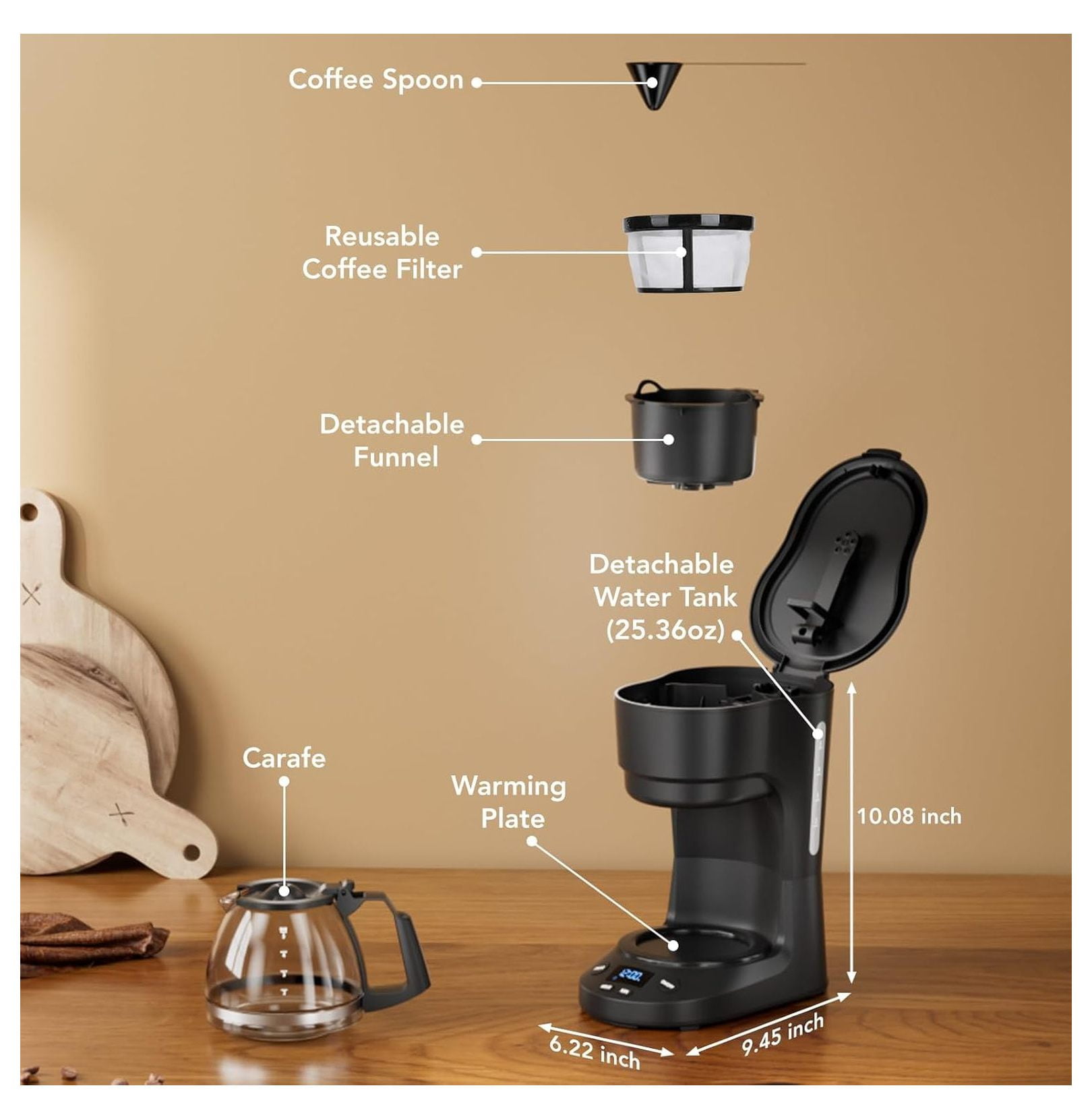 Compact Coffee Maker 5 Cup, Drip Coffee Machine with Timer, Auto Shut Off, Keep Warm, Pause & Brew, Reusable Filter, Drip-Free Carafe, Black