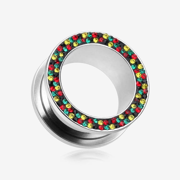 A Pair of Multi-Gem Sparkle Rasta Screw-Fit Steel Ear Gauge Tunnel Plug