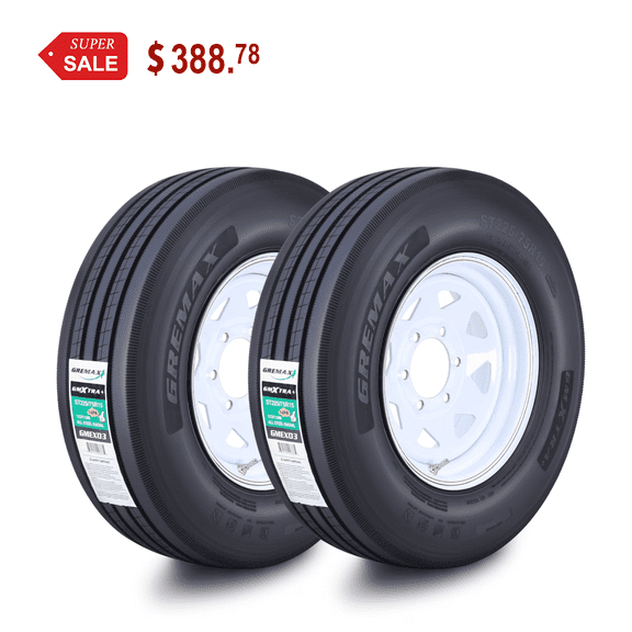GREMAX All Steel Trailer Tire Wheel Assembly ST225/75R15 14-Ply G 123/119M w/6 Lug on 5.5" PCD White Spoke Wheel ,SET 2
