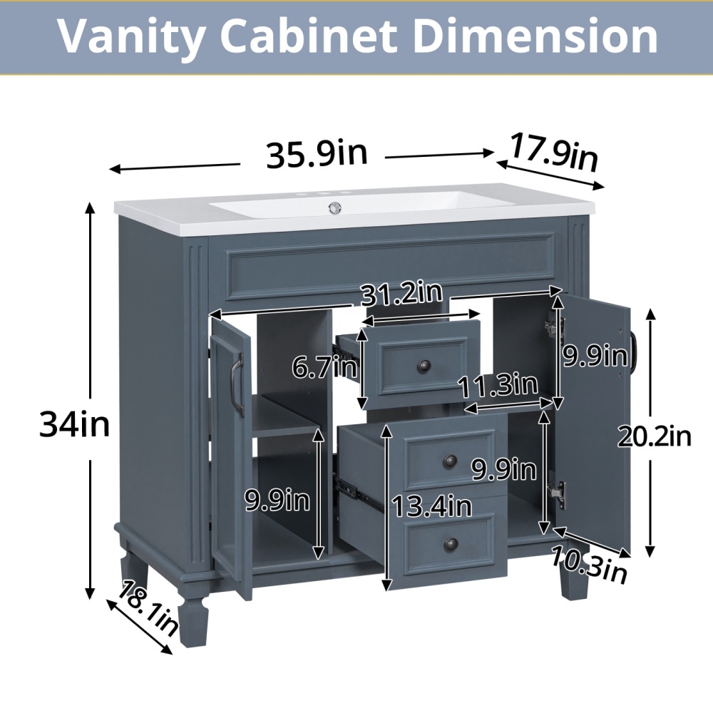 36" Bathroom Vanity Set with Resin Sink and Wall Mounted Mirror Cabinet, Modern Freestanding Single Cabinet Combo with Storage Shelves & 2 Drawers & 2 Soft Closing Doors, Vintage Handles, Blue